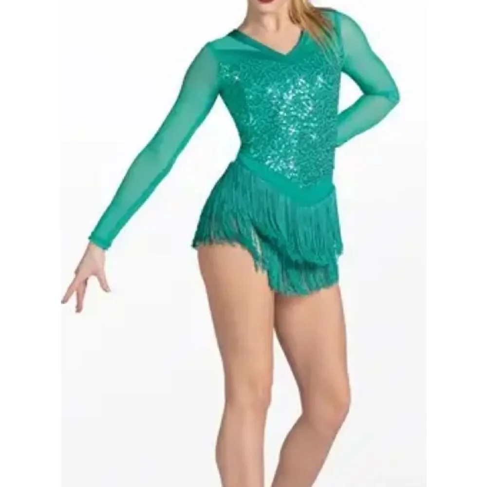 WEISSMAN Dance Costume dress Aqua Kelly teal Pointed Fringe Sequin D12151 SA
